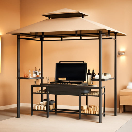 8X5 Ft BBQ Grill Gazebo with Double Roof, Outdoor Grill Shelter with 2 Side Shelves & Tool Hooks, Weather-Resistant Patio Shelter for Backyard Cooking