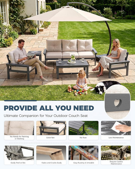 HDPE Outdoor Patio Furniture Set, Grey Frame & Beige Cushions