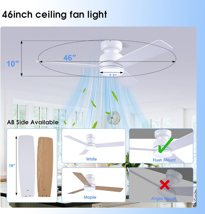 46 Inch Ceiling Fans with Lights and Remote/App Control, Low Profile Ceiling Fan with Light, Flush Mount, 3CCT, 3 Reversible Blades 6 Speeds Modern Ceiling Fan for Bedroom Living Room, White