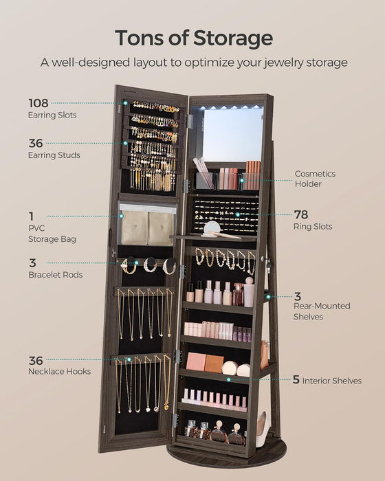 LED Mirror Jewelry Cabinet Standing, Lockable Jewelry Armoire with Full-Length Mirror and Adjustable LED Lights, Space-Saving Jewelry Organizer with Mirror, Gift Idea, Ash Brown UJJC008K02