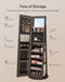 LED Mirror Jewelry Cabinet Standing, Lockable Jewelry Armoire with Full-Length Mirror and Adjustable LED Lights, Space-Saving Jewelry Organizer with Mirror, Gift Idea, Ash Brown UJJC008K02