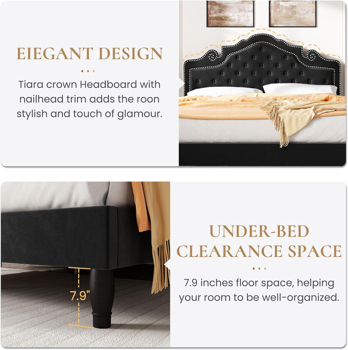 Queen Bed Frame with Adjustable Headboard/Velvet Upholstered/Diamond Button Tufted and Metal Studs/No Box Spring Needed/Wood Slat Support/Easy Assembly/Black