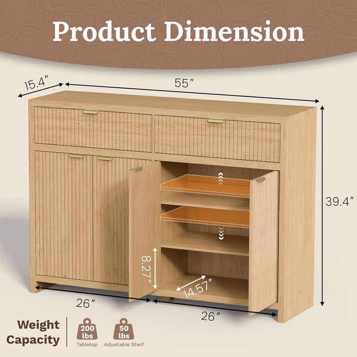 55" Fluted Sideboard Buffet Cabinet with Storage, Modern Credenza Oak