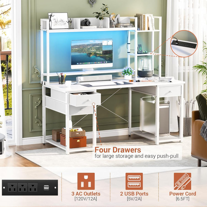 Desk with LED and Outlets, Gaming Desk with Hutch, 47.2'' Computer Desk with Drawers, Reversible Office Desk with Storage Bookshelf Large Workstation Desk with Shelf, Desk for Home, White