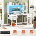 Desk with LED and Outlets, Gaming Desk with Hutch, 47.2'' Computer Desk with Drawers, Reversible Office Desk with Storage Bookshelf Large Workstation Desk with Shelf, Desk for Home, White