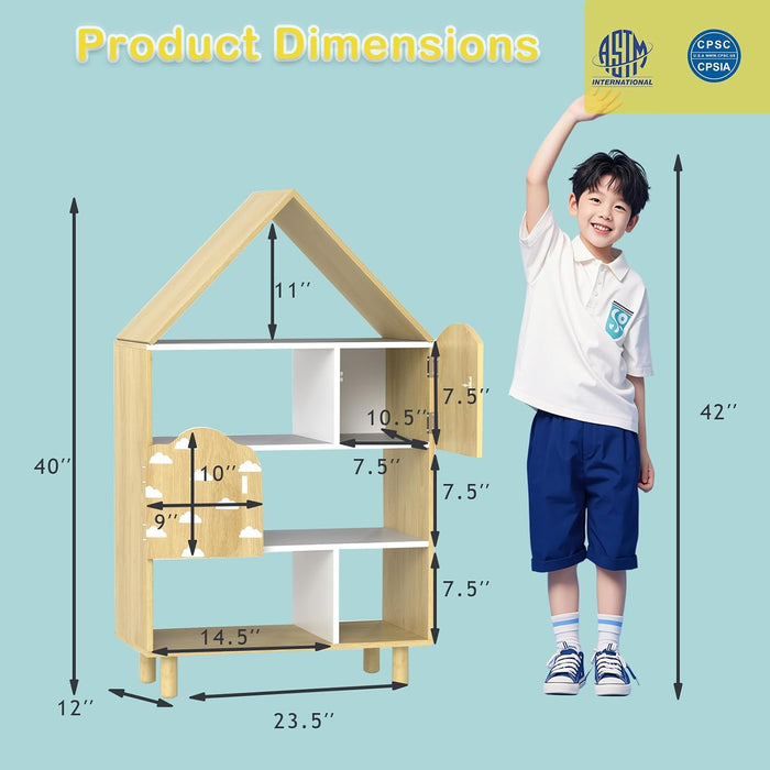 Natural Wood House Shaped Kids Dollhouse Bookshelf
