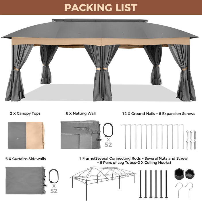 Gazebo 12X20 Heavy Duty Gazebo with Curtain and Nettings Outdoor Gazebo Double Roof Patio Gazebo with Metal Steel Frame Gazebo Tent for Patio, Deck, Backyard (Grey, Arc Top, Curtain & Netting)