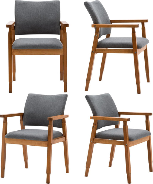 Set of 4 Mid Century Modern Walnut Dining Chairs Wood Arm Grey Fabric Kitchen Cafe Living Room Decor Furniture