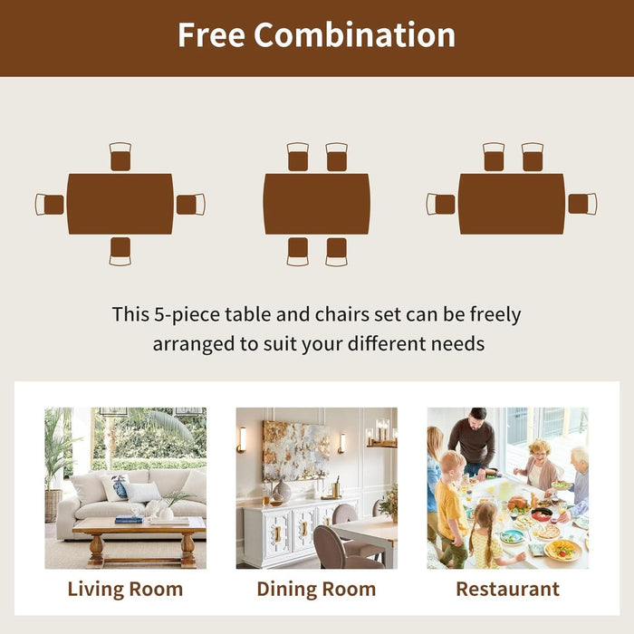 5 Piece Solid Wood Dining Table Set, Farmhouse Mid-Century Modern Table & 4 Upholstered Chairs for Home, Kitchen, Apartment, Space Saving, Brown+Biege