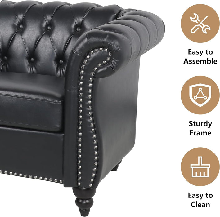 3 Piece Living Room Set, Sectional Chesterfield Sofa Chair Contemporary Upholstered Artificial Leather Loveseat Couch Sets for Living Room, Bedroom, Office (Black)