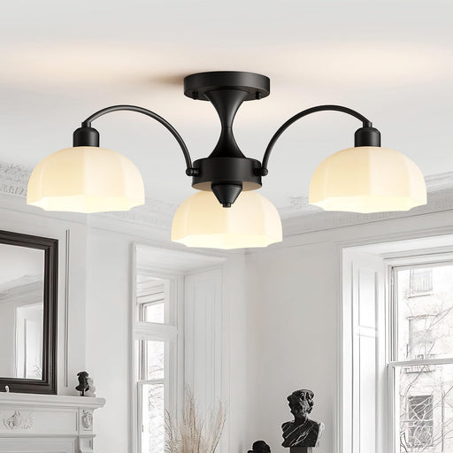 Milk Glass Chandelier Farmhouse Rustic Semi Flush Mount Ceiling Lamp Frosted White Globe Pendant Light Mid Century Modern Wood Grain Chandelier Sputnik Ceiling Light (3- Light- Black)