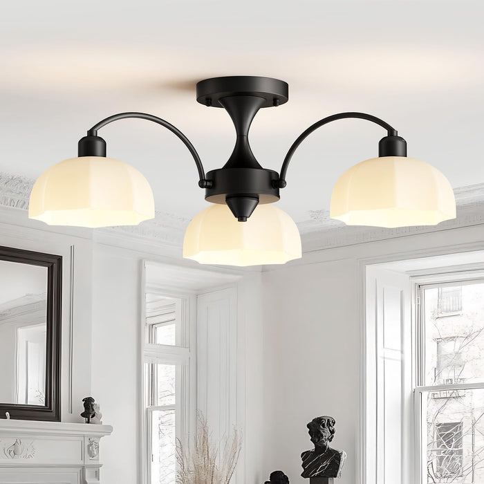 Milk Glass Chandelier Farmhouse Rustic Semi Flush Mount Ceiling Lamp Frosted White Globe Pendant Light Mid Century Modern Wood Grain Chandelier Sputnik Ceiling Light (3- Light- Black)