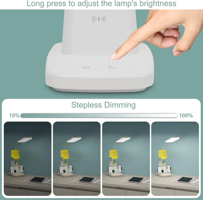 Upgraded LED Desk Lamp with Wireless Charger, White Small Desk Light with Pen Holder, 3 Color Modes, CRI 85, 800 Lumen, Study Lamps for College Dorm Room, Home Office, Adapter Included