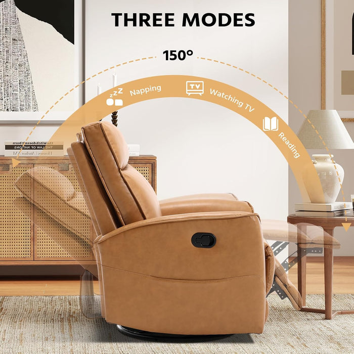 Swivel Rocker Recliner Chair, Manual Faux Leather Glider Rocking Recliners for Adults, 360° Swivel Nursery Reclining Sofa with Storage Pocket