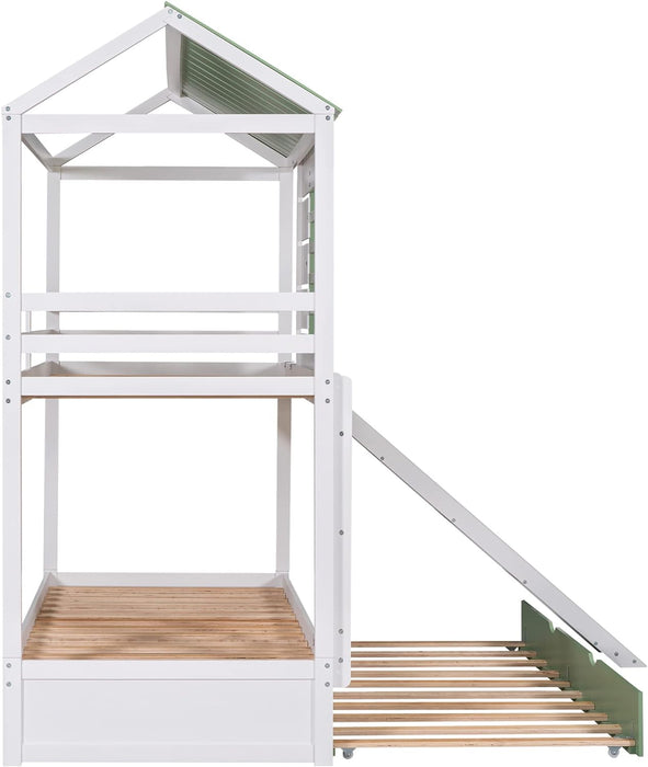 House Bunk Bed with Convertible Slide and Trundle, Solid Wood Bunk Bed Twin over Twin, for Kids Girls Boys (White+Green)