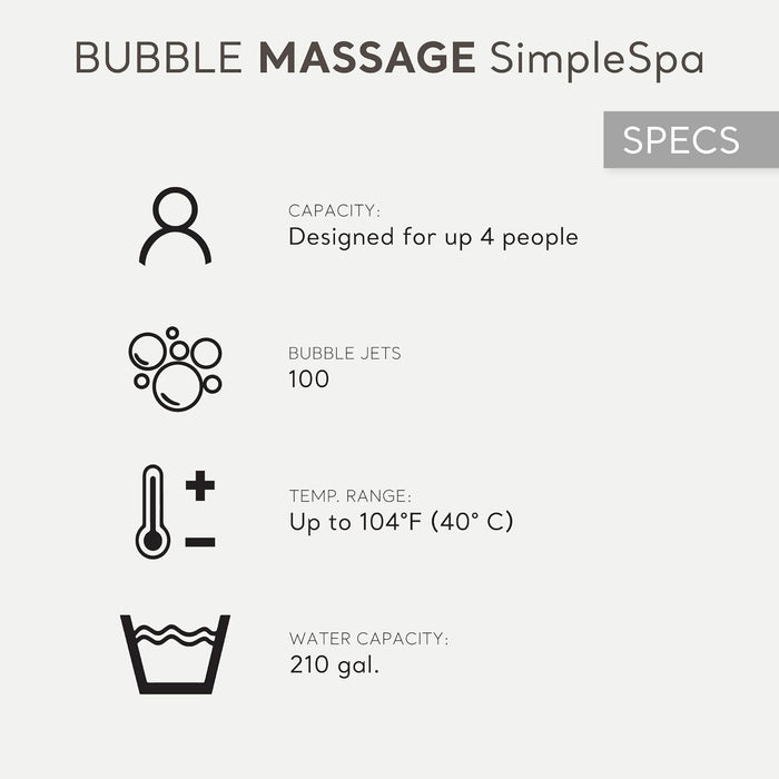 28483E Simplespa Inflatable Bubble Massage Spa: Includes Insulated Cover – Built-In Quickfill Inflation – Soothing Jets – 4 Person Capacity – 77" X 26"