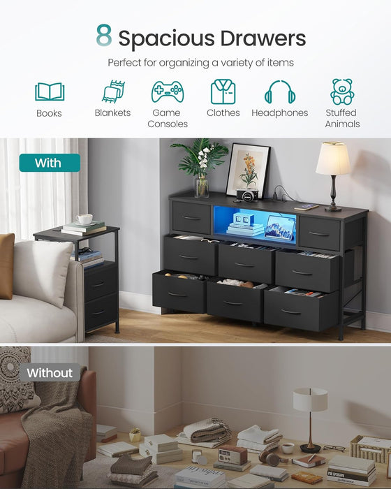 BELLAH Collection - Dresser for Bedroom with Outlets and LED Lights, TV Stand for Tvs up to 55 Inches, Chest of Drawers, 8 Drawers, Steel, Industrial, Modern, Ink Black ULGS433BH02S