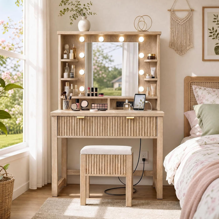 Vanity Desk with Mirror and Lights, Storage Stool Included, Oak | 3 Adjustable Lighting Modes, Charging Station for Vanity