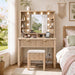 Vanity Desk with Mirror and Lights, Storage Stool Included, Oak | 3 Adjustable Lighting Modes, Charging Station for Vanity