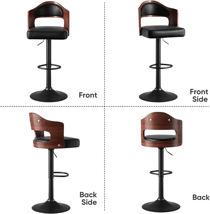 Modern Swivel Bar Stools Set of 2, Wooden Upholstered PU Leather Barstools with Back & Footrest, Counter Height Bar Chairs for Kitchen Island, Black