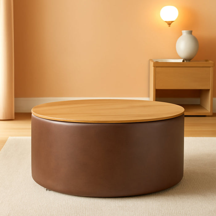 Modern Fabric Storage Ottoman with Wood Top - Faux Brown Leather