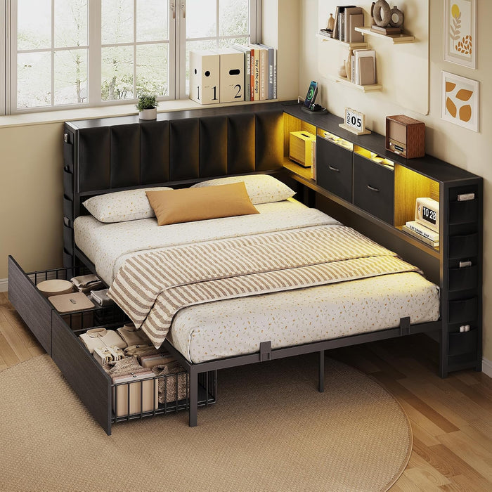 Full Corner Bed Frame with Upholstered Storage Headboard and Drawers, Metal Platform Bed Frame with LED Light and Charging Station, Full Daybed for Living Room, Bedroom & Guest Room, Black