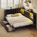 Full Corner Bed Frame with Upholstered Storage Headboard and Drawers, Metal Platform Bed Frame with LED Light and Charging Station, Full Daybed for Living Room, Bedroom & Guest Room, Black