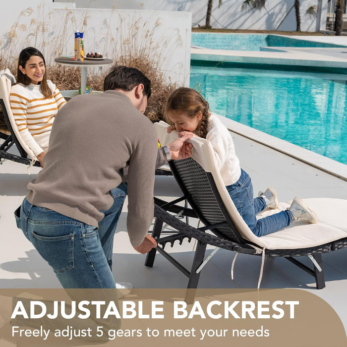 Patio Chaise Lounge Sets Outdoor Rattan Adjustable Back 3 Pieces Cushioned Patio Folding Chaise Lounge with Folding Table (Beige)