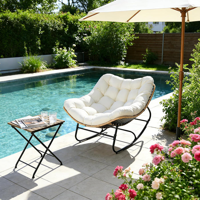 Oversized Wicker Rocking Chair Indoor Outdoor, 450 LBS Heavy Duty Patio Papasan Egg Chair with Cushion, E-Coated Frame Lounge Rocker for Balcony Porch Garden Living Room, Beige