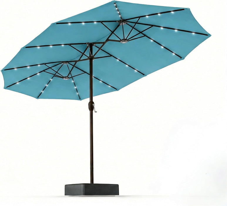 15FT Patio Umbrella with Solar Lights, Double-Sided Extra Large Outdoor Table Umbrella with Base Included, Heavy-Duty 12 Iron Ribs Market Umbrella for Garden, Pool, Backyard, Sky Blue