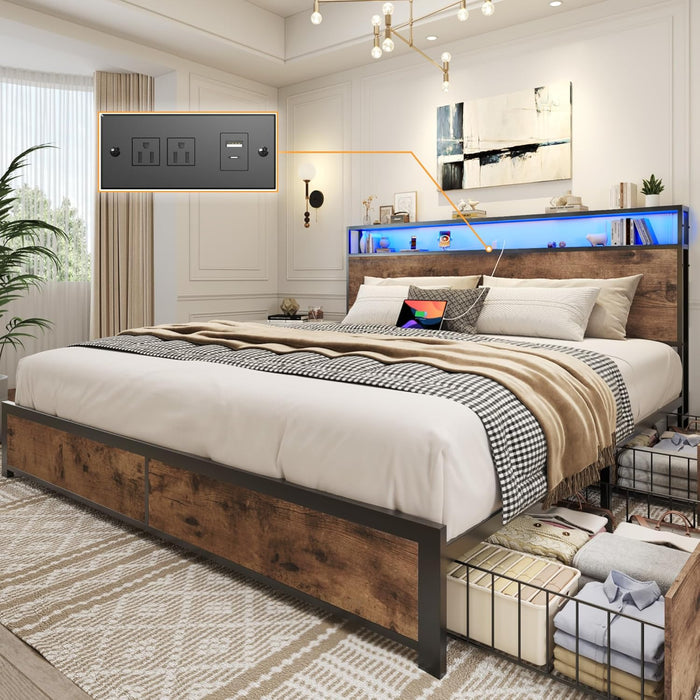 Queen Bed Frame with 2-Tier Storage Headboard, Metal Platform Bed Frame with 4 Storage Drawers, Built in Charging Station & LED, Noise-Free/Metal Support/No Box Spring Needed, Rustic Brown