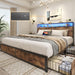 Queen Bed Frame with 2-Tier Storage Headboard, Metal Platform Bed Frame with 4 Storage Drawers, Built in Charging Station & LED, Noise-Free/Metal Support/No Box Spring Needed, Rustic Brown