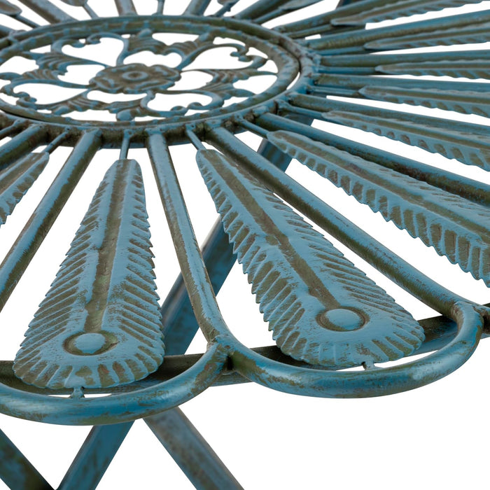 Indoor/Outdoor 3-Piece Peacock Feather Rustic Metal Bistro Set Patio Seating, Light Blue
