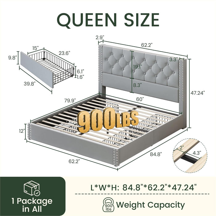 Queen Size Bed Frame Upholstered Platform Bed with 4 Storage Drawers and Tufted Headboard Velvet Bed Frame with Heavy Duty Wood Slats, No Box Spring Needed, Easy Assembly, Bluish Grey