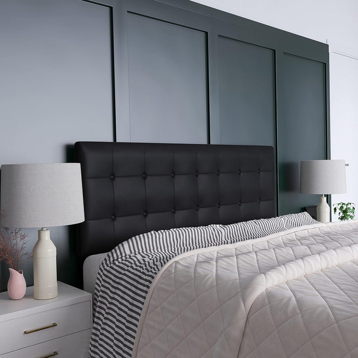 Button Tufted Upholstered Queen Size Headboard in Black Vinyl