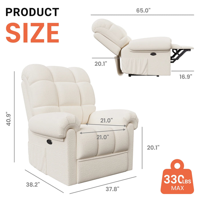 Power Recliner Chair,Electric Recline Sofa Chair for Adults with USB Port,Comfy Teddy Fleece Adjustable Cloud Sofa,Tool-Free Setup,Beige White