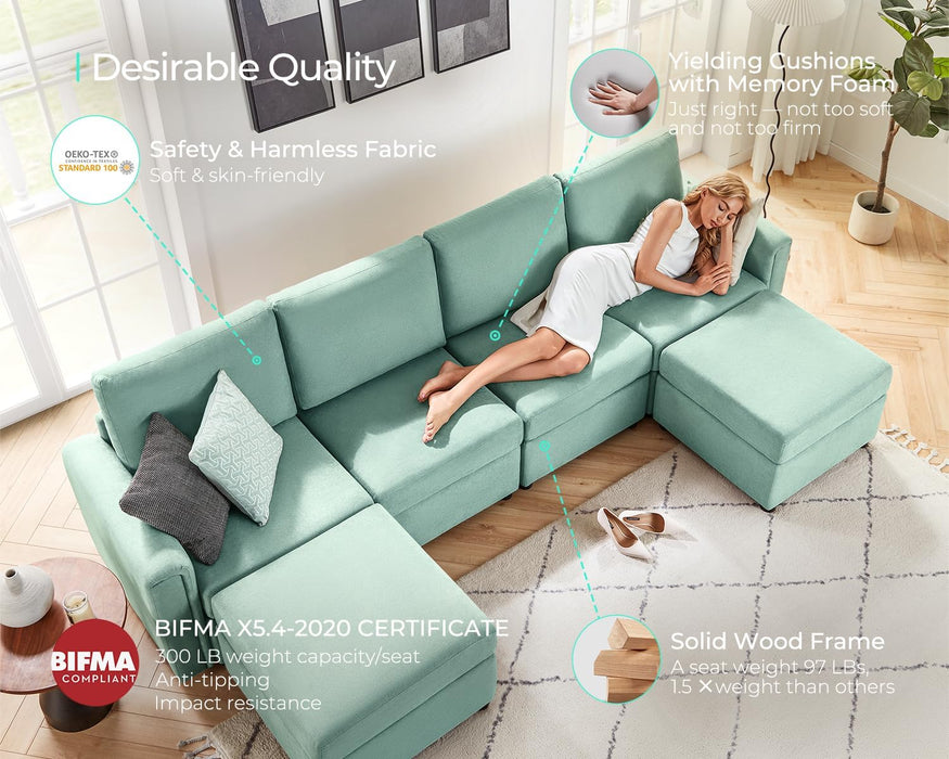 Modular Sectional Sofa, L Shaped Sofa Couch with Storage, Modular Sofa with Memory Foam, 4 Seat Sofa with 2 Ottomans for Living Room, Teal