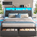 Queen Bed Frame with 2 Drawers, LED Lights, Charging Station, Rustic Grey
