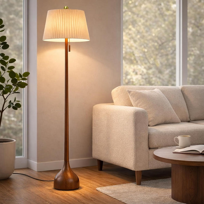 Mid Century Modern Real Wood Floor Lamp with 2 Shades for Two Looks