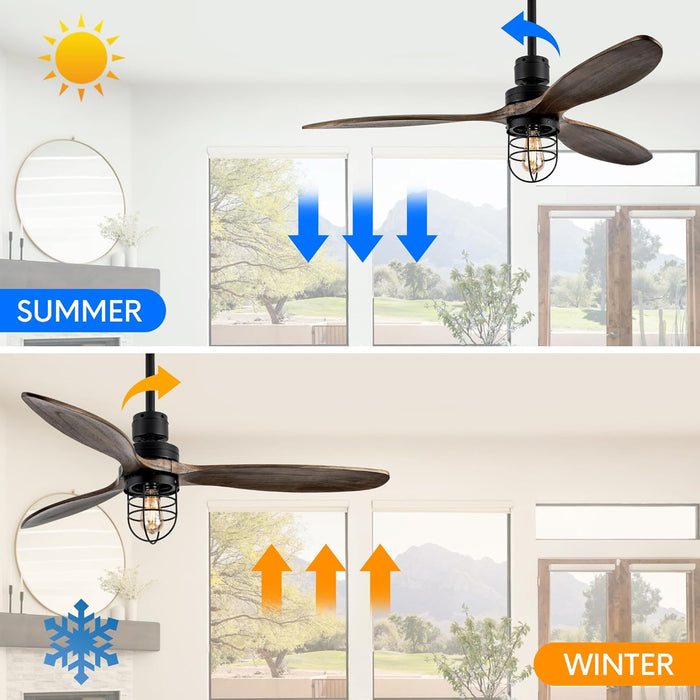 52 Inch Rustic Outdoor Ceiling Fan with Light and Remote, 3 Wood Blades, Include Bulbs Modern Black Farmhouse Industrial Ceiling Fan for Outdoor Ceiling Fans for Patios,Porch,Bedroom