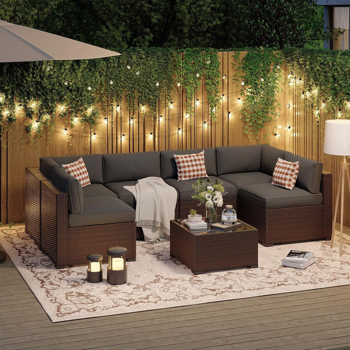 Patio Furniture Sets, 7-Piece Outdoor Patio Furniture with Thick Cushions, Wicker Outdoor Conversation Set Sectional Sofa for Backyard, Poolside, Garden
