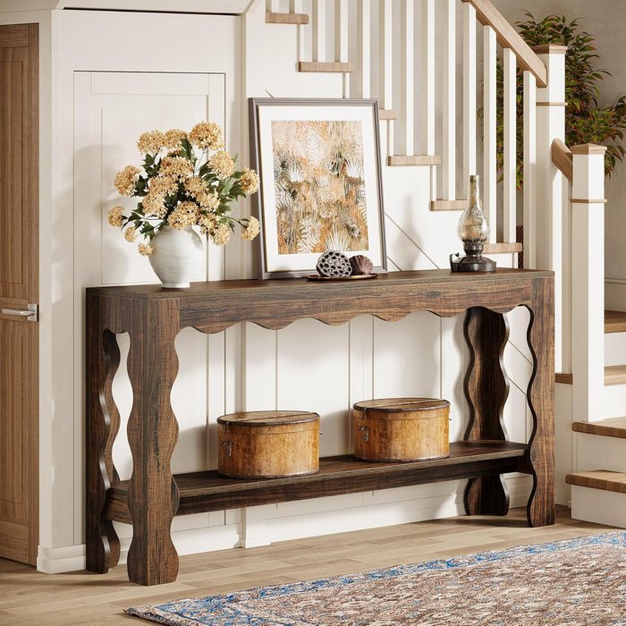 63 Inch Entryway Table, Modern Rustic Entry Table with Scalloped Edge & Storage Shelf, Accent Narrow Long Sofa Table behind Couch Console Tables for Entryway, Living Room, Dark Brown
