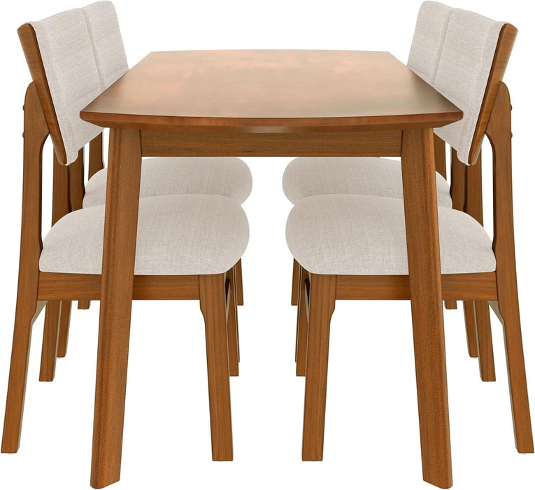 5 Piece Solid Wood Dining Table Set, Farmhouse Mid-Century Modern Table & 4 Upholstered Chairs for Home, Kitchen, Apartment, Space Saving, Brown+Biege