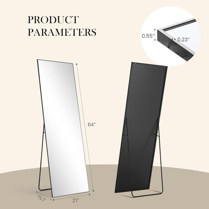 Full Length Mirror 64"X 21" for Bedroom, Full Body Mirror with Stand, Hanging or Leaning for Wall, Aluminum Alloy Thin Frame Floor Standing for Living Room, Long, Black
