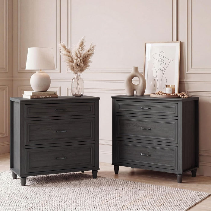 3 Drawer Dresser for Bedroom Set of 2, 31.5" Wide Modern Closet Chest of Drawers with Metal Handles,Wood Nightstand Storage Organizer for Living Room, Hallway, Black Grey
