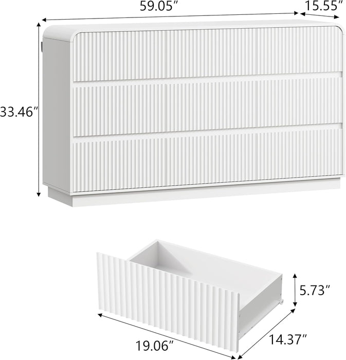White Dresser Fluted 9 Drawers Dresser for Bedroom, 59" Wide Wood Chest of Drawers with Hidden Handles & Rounded Corners, Modern TV Stand Storage Cabinet for Living Room, Hallway, Entryway