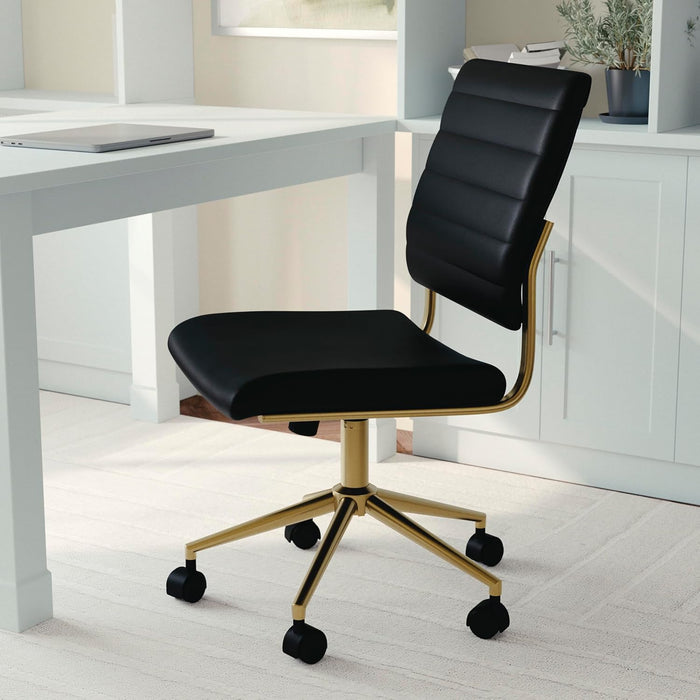 Ivy Armless Swivel Task Chair for Home Office in Black Faux Leather with Polished Brass Frame