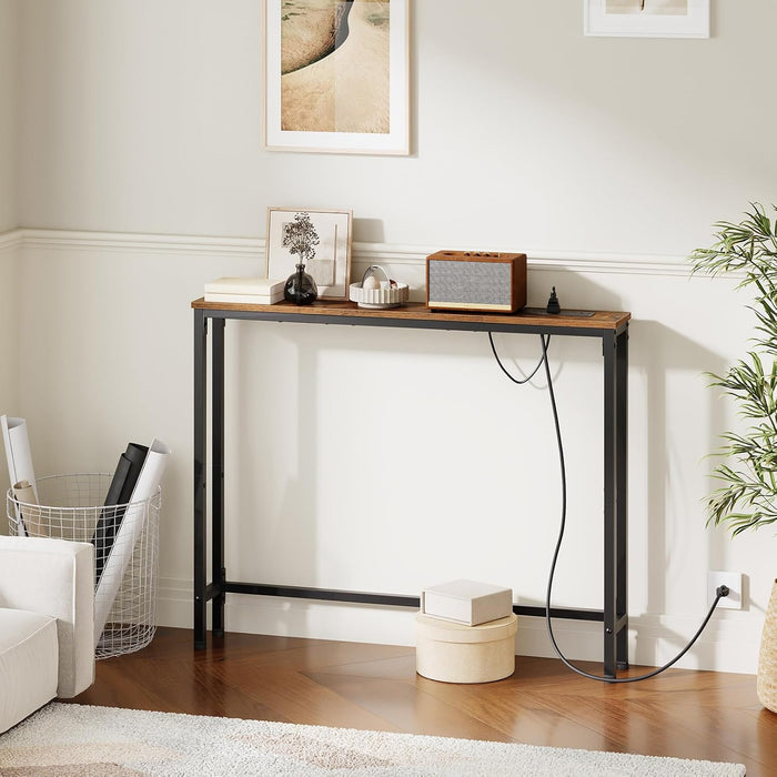 39.4 Inch Narrow Console Table with Power Outlets, 5.9 Inch Sofa Table with Storage, Skinny behind Couch Table, for Entryway Hallway, Small Spaces, Rustic Brown and Black BF52UXG01G1