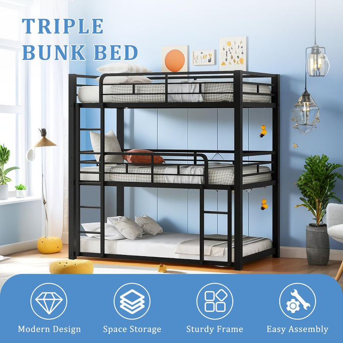 Metal Bunk Bed with Trundle,Twin over Twin Bunk Bed Frame with Ladder and Safety Rails for Triple Metal Bunk Can Be Divided into Two Beds (Black-Twin over Twin over Twin)