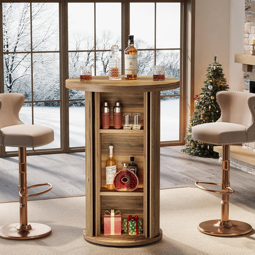 round Bar Table, 35.4" Rustic Cocktail Table with 3-Tier Hidden Storage Shelves, Bistro Wood High Top Pub Unit with Slide Door for Small Spaces, Kitchen, Parties